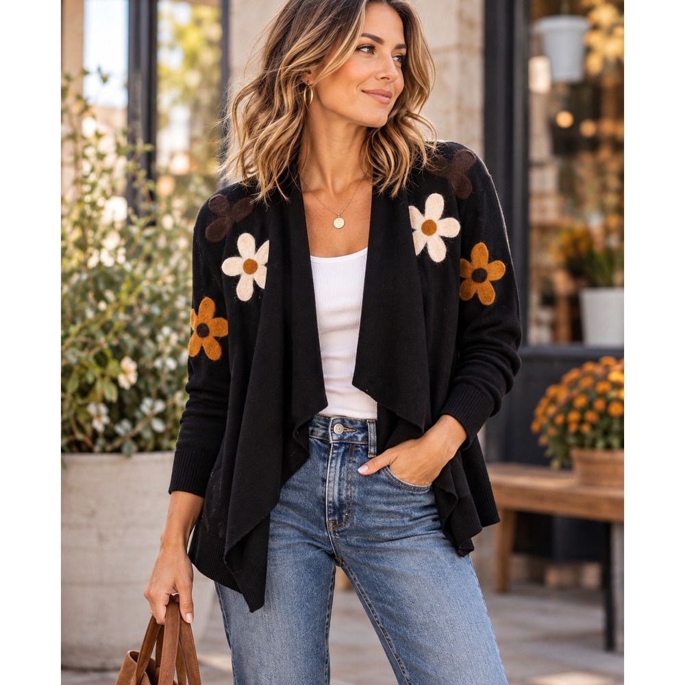 Aaeda Black Open Front Cardigan Floral Embroidered Draped Knit Sweater Large